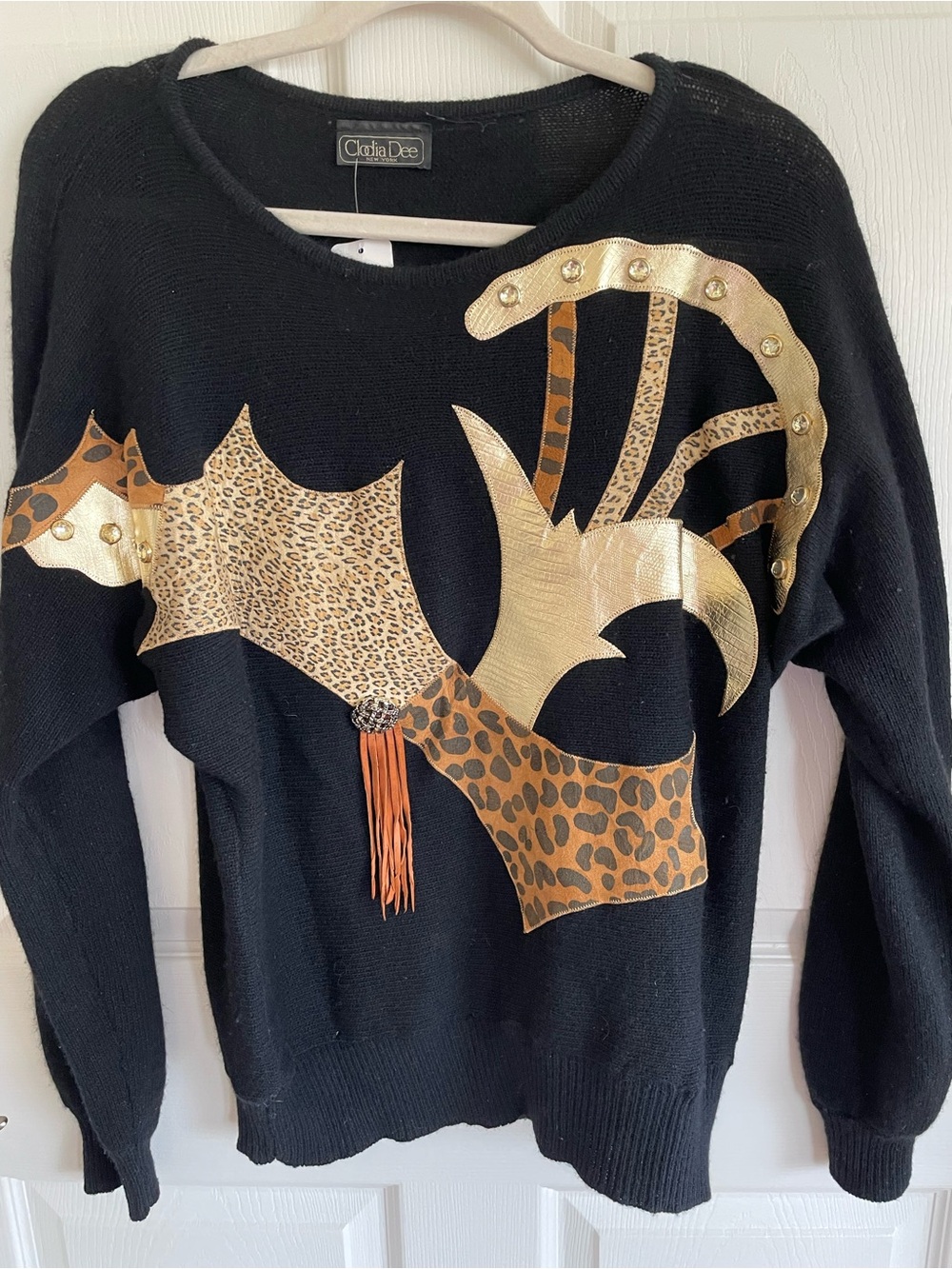 Vintage Clodia Dee Black Crewneck Sweater with Gold & Leopard Accents Size M